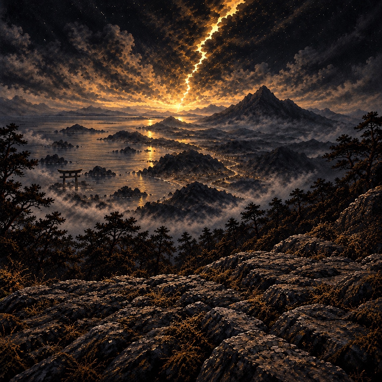 I sette Akita osservano l’arcipelago di Rai no Kuni sotto la frattura luminosa del cielo