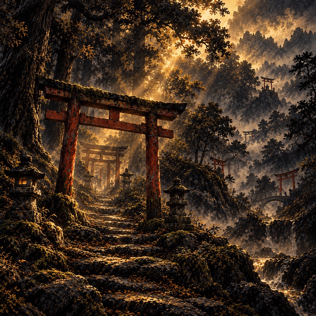Un sentiero nella foresta di Inari attraversa antichi torii