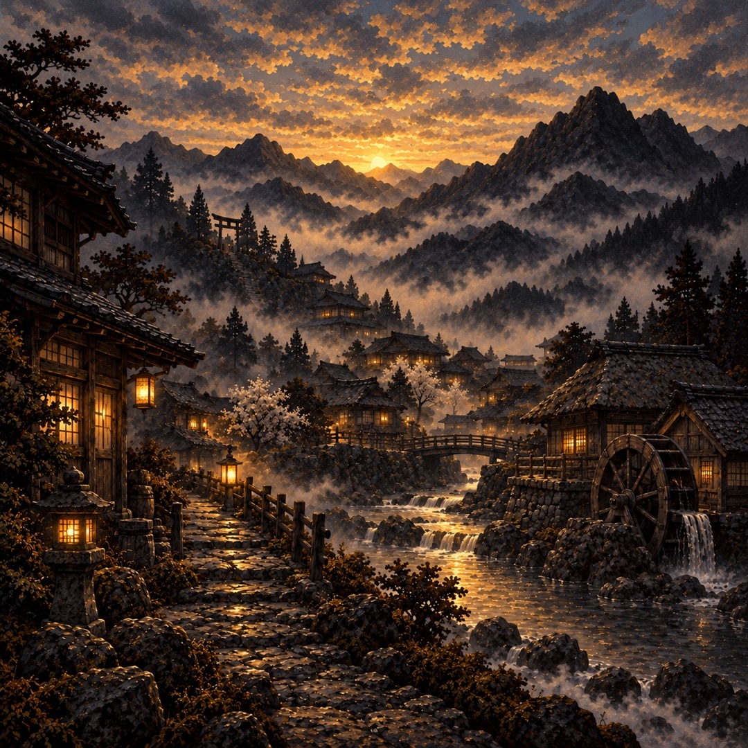 Hoshikawa al mattino, tra case, lanterne e un mulino accanto al fiume