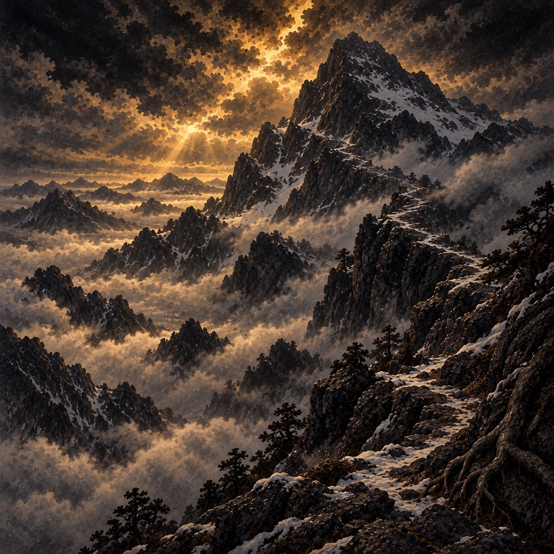 Il monte Kurogane emerge dalla nebbia fra rocce scure e neve