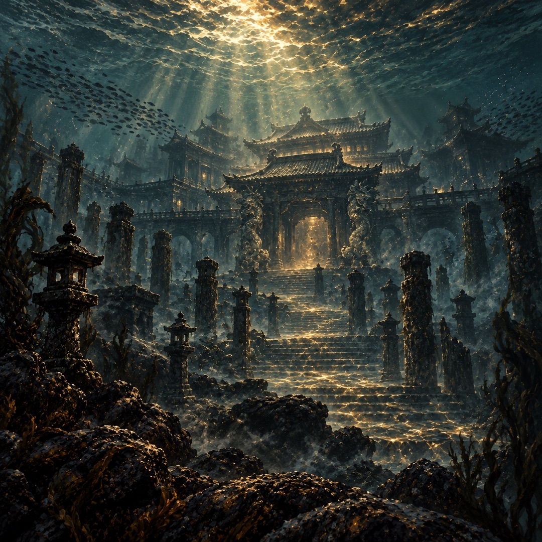Il palazzo di Ryūjin sotto il mare, illuminato dalle correnti